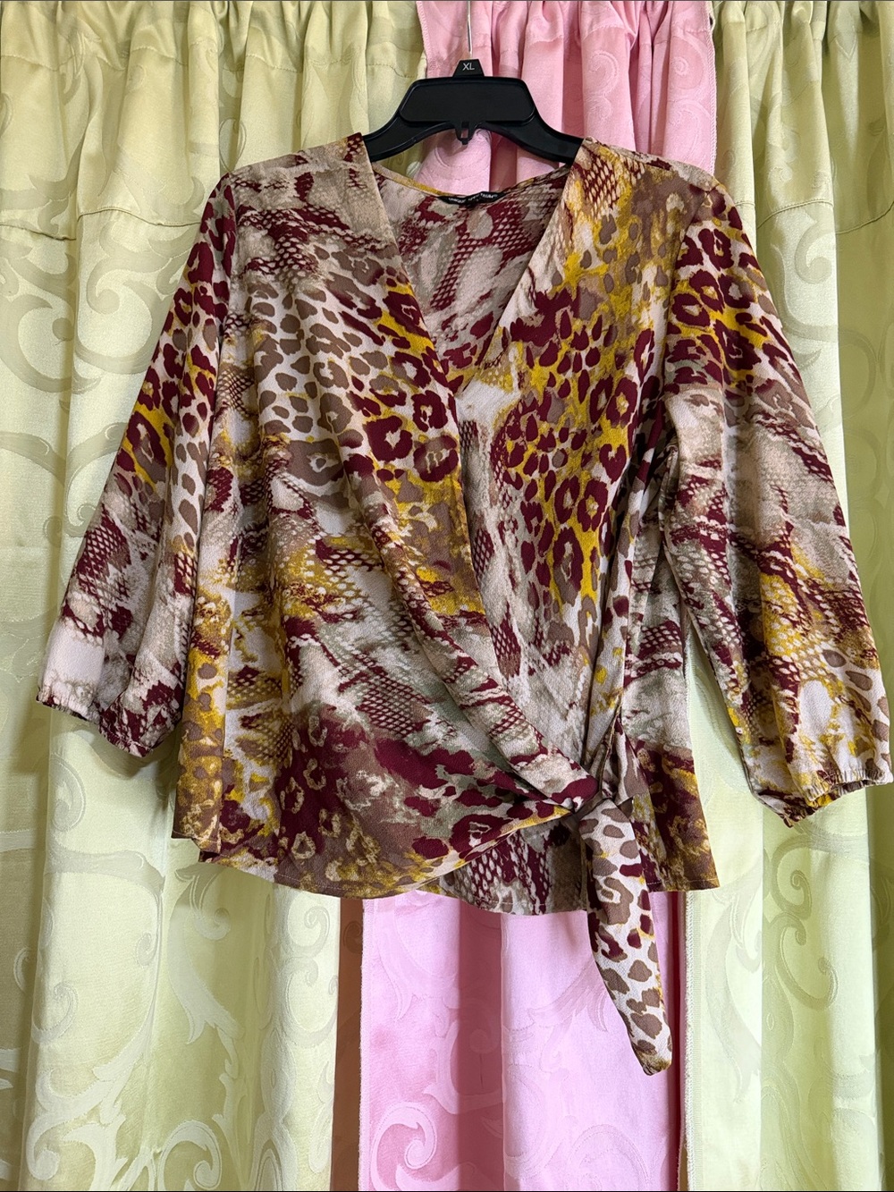 Unique Spectrum Wrap Blouse in Burgundy, Mustard & Cream Animal Print